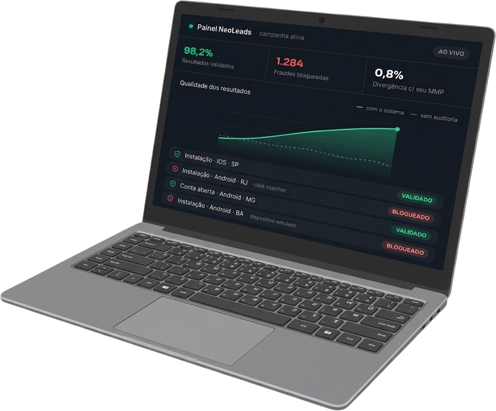 Laptop showing the NeoLeads dashboard: validated results, blocked fraud and discrepancy against the attribution tool.